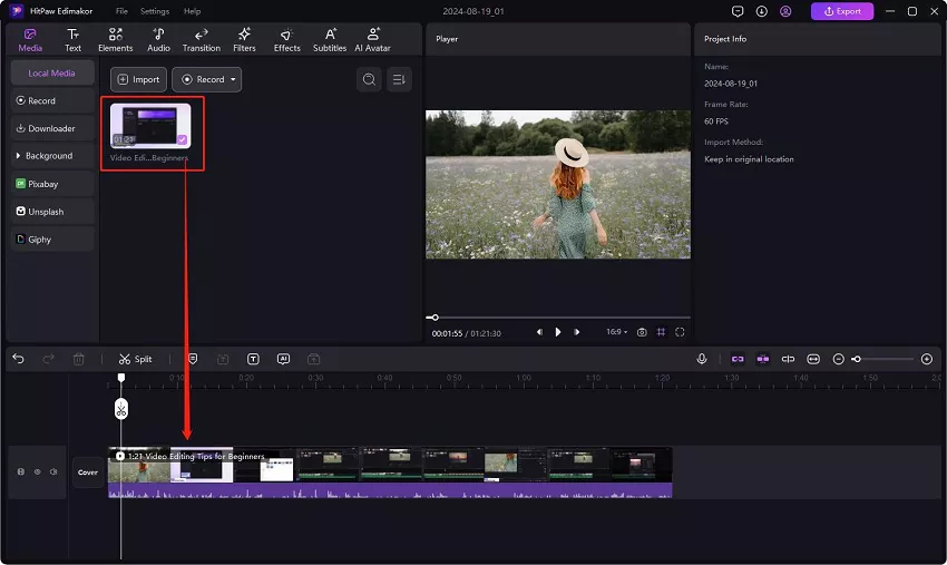 hitpaw edimakor auto subtitle - drag and drop video to the timeline